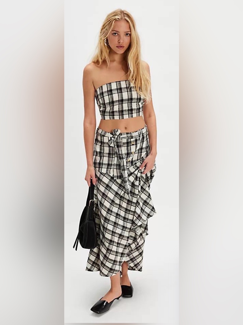 Free People After You Set Top & Maxi Skirt Plaid Gingham Black Size Xs
